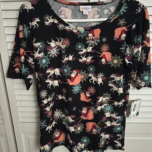 Brand new LulaRoe Gigi tee shirt; Size: L; Color - black w/Santa & sleigh print